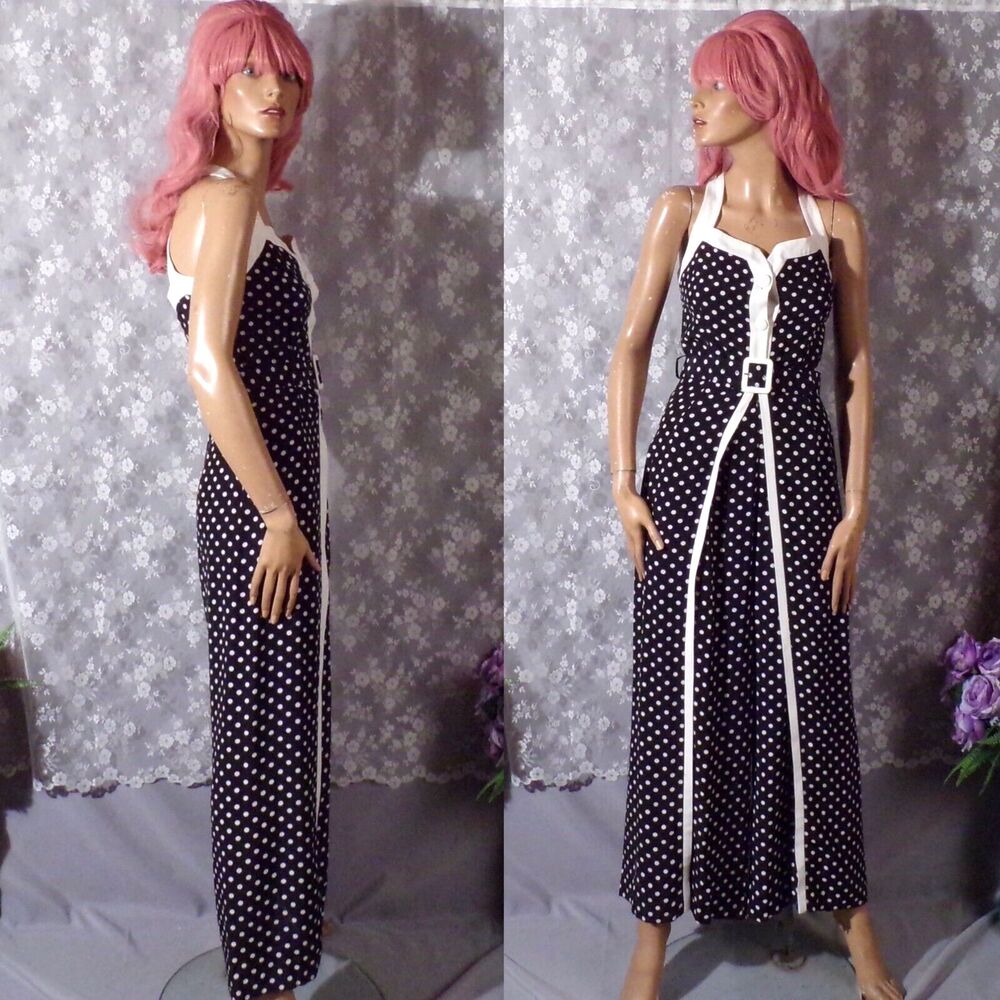 Cache Vintage 90s Jumpsuit 1990s Black & White Polka Dot Wide Leg Size Small